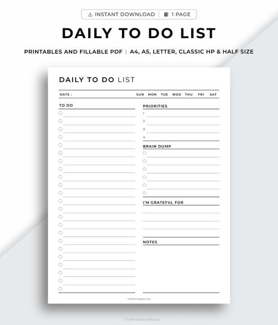 Printable Daily to Do List, Printable Daily Task List, Daily ...