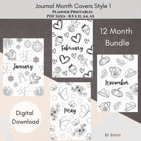 12 Month Journal Cover Page Printable | US Letter, A4 and A5 Size ...