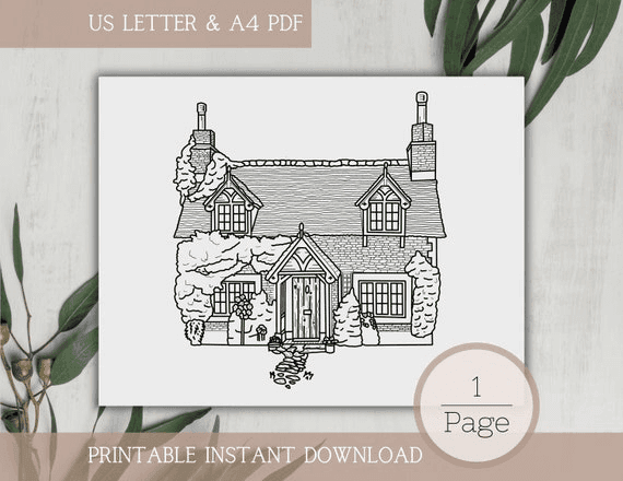 Single Coloring Page for Adults | Nordic Cottage | Printable, PDF ...