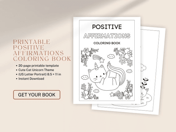 Positive Affirmations Coloring Book | Cat Unicorn Theme (digital ...