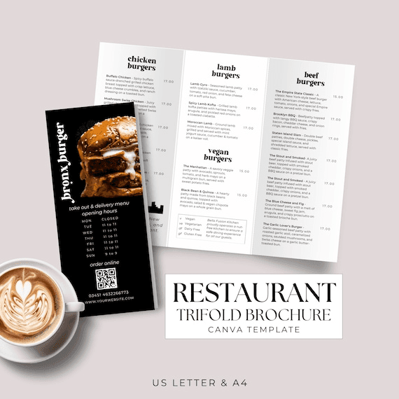 Trifold Menu Template Restaurant Burger Takeaway Lealflet Canva ...