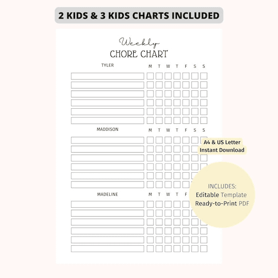 EDITABLE Multiple Kids Weekly Chore Chart - Minimalist | 2 Kids ...