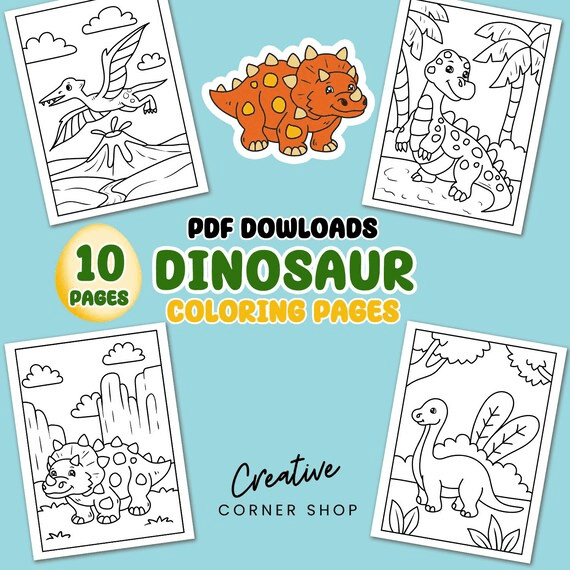 10 Cute Dinosaur Coloring Pages, Coloring Book for Kids, Activity ...