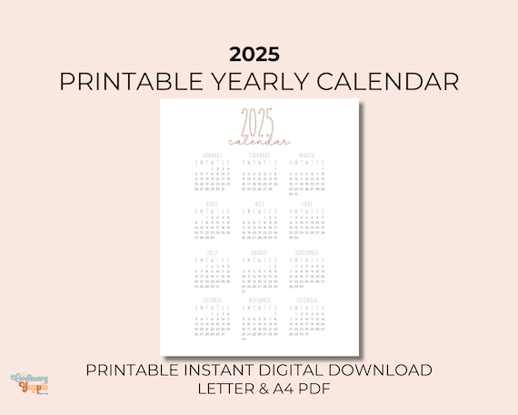 2025 Yearly Printable Calendar Digital Download Letter A4 Year at ...