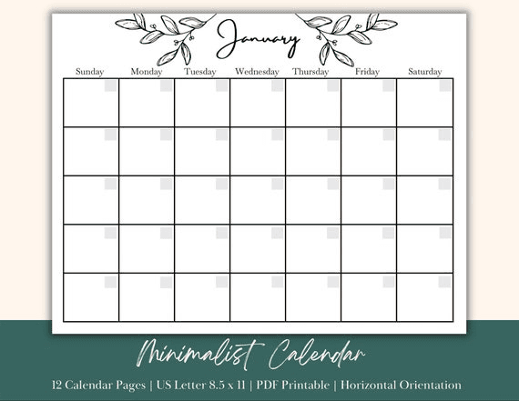 Minimalist Calendar | Horizontal Orientation | Digital Download ...