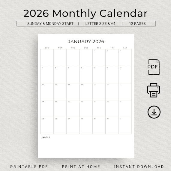 2026 Monthly Planner Portrait 2026 Calendar Printable Minimalist ...