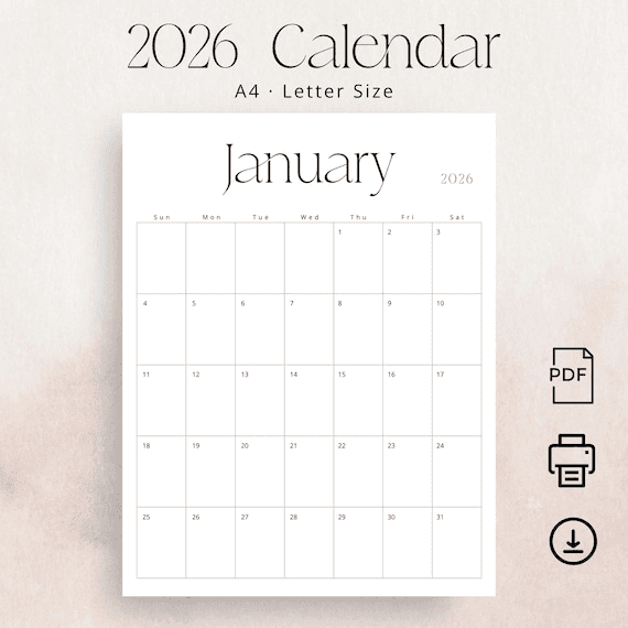 2026 Calendar 2026 Monthly Planner 2026 Wall Calendar PDF Stylish ...