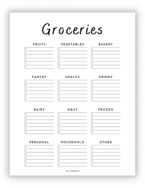 Free Printable Grocery List (With Categories!) - JellyMemos