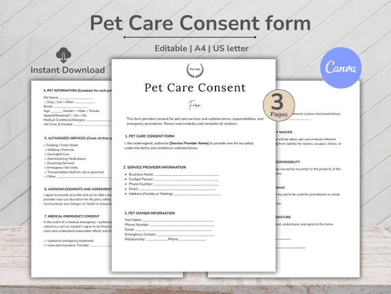 Editable Pet Care Consent Form Template, Pet Care Form, Pet Sitter ...