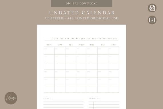 Minimalist Undated Calendar | Printable | US Letter, A4 | Portrait ...