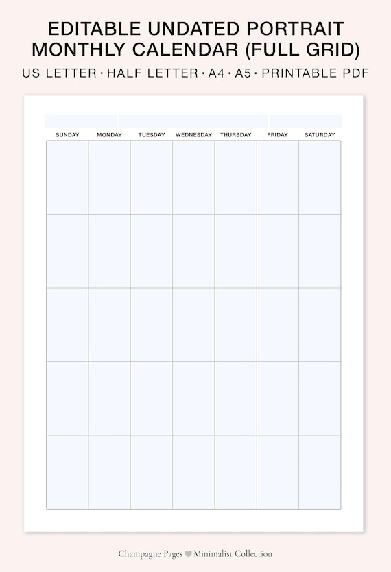Buy Portrait Editable/fillable Monthly Calendar, Printable Blank ...