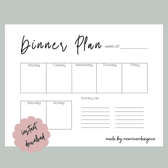 Weekly Meal Planner Template: Minimalist Dinner Plan With Grocery ...