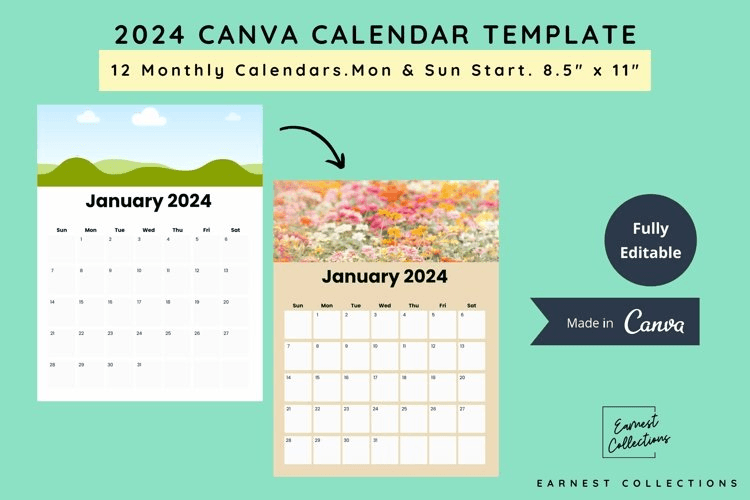 2024 canva calendar template - US Letter size - Mon & Sun