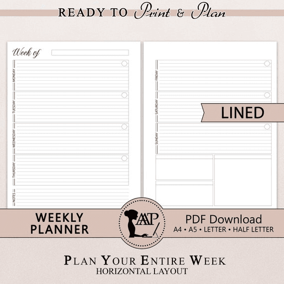 Weekly Planner Printable | Horizontal Lined 2 Page Layout | Week ...