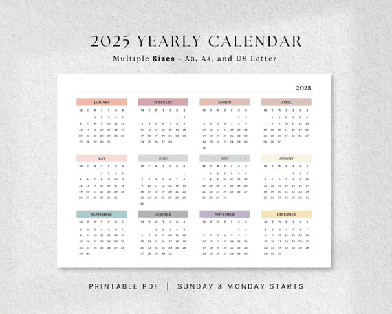 2025 Yearly Calendar, Colorful Landscape Year at a Glance, A4 | A3 ...