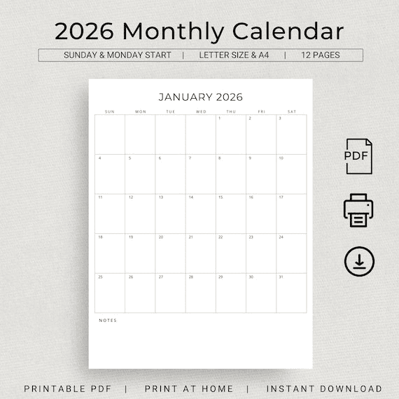 2026 Monthly Planner Portrait 2026 Calendar Printable Minimalist ...
