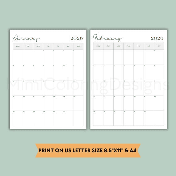2026 Monthly Calendar Printable: Minimalist Vertical Planner (PDF ...