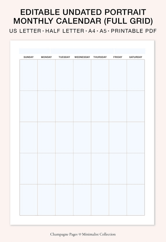 Buy Portrait Editable/fillable Monthly Calendar, Printable Blank ...