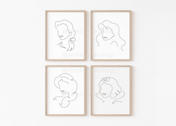 Printed Disney Princess Minimalist Line Art - Set of 4 Prints ...