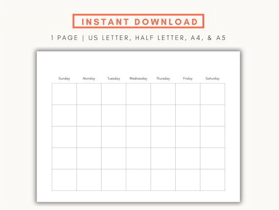 Blank Monthly Calendar Printable, Undated Calendar With Sunday ...
