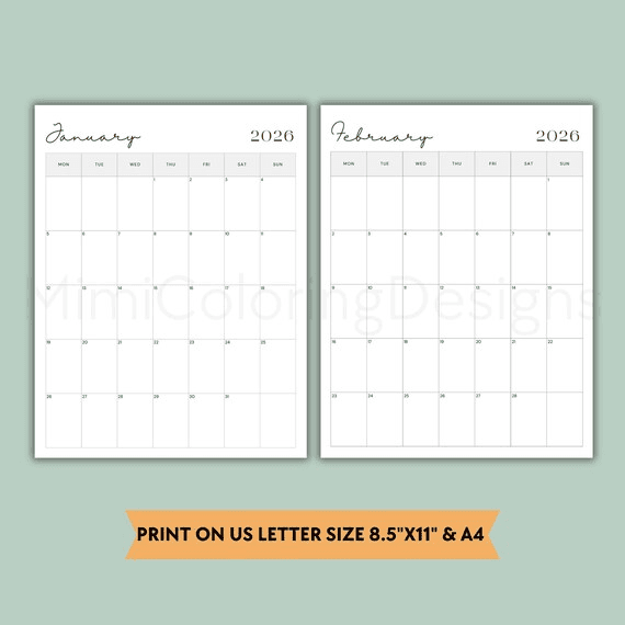 2026 Monthly Calendar Printable: Minimalist Vertical Planner (PDF ...