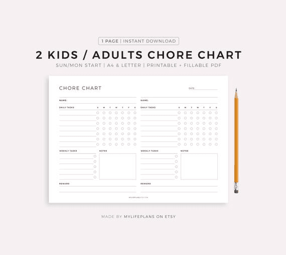 Chore Chart for 2 Kids / Adults Printable Template, Weekly ...