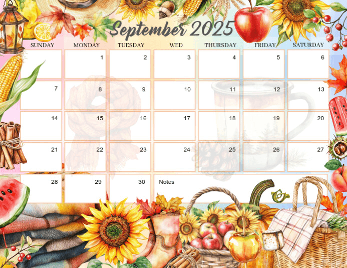 Watercolor Summer Fall September calendar 2025 Template | PosterMyWall