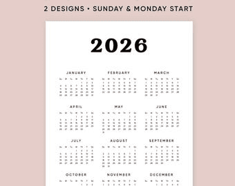 Buy 2026 Calendar on One Page Printable, Year at a Glance, Desk ...