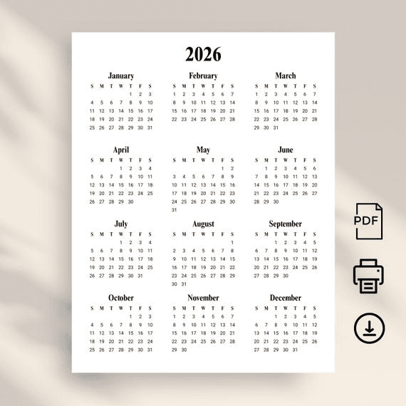 2026 Yearly Calendar 2026 Calendar Portrait Printable 2026 Wall ...