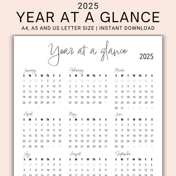 2025 Printable Year at a Glance | 12 Month Yearly Calendar | Year ...