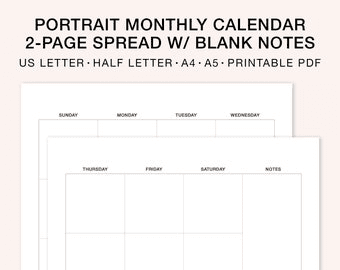 2 Page Spread Portrait Monthly Calendar With Blank Notes Section ...