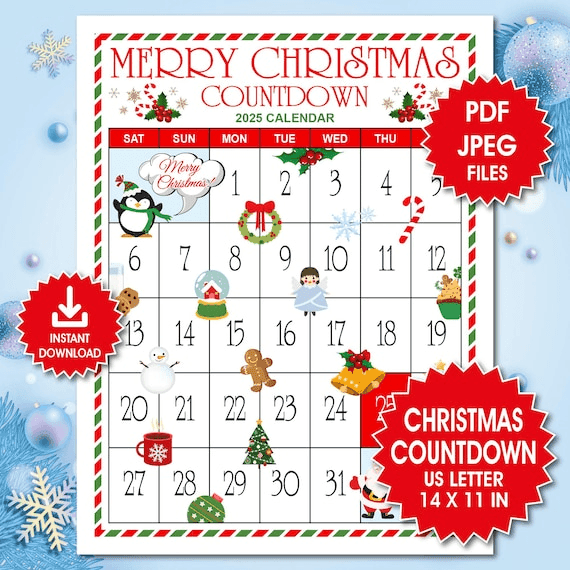 Christmas Countdown 2025 Calendar, Printable Winter Bucket List ...