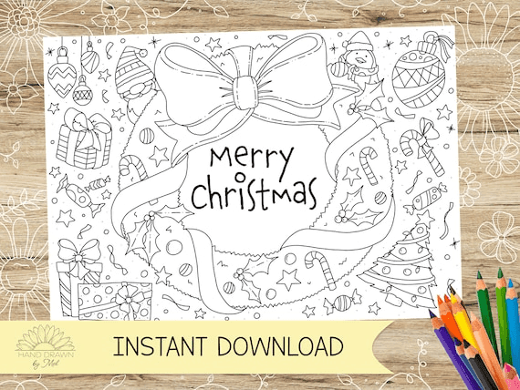 Merry Christmas Coloring Placemat: Hand-drawn PDF (A4/US Letter ...