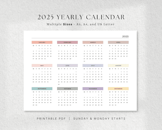 2025 Yearly Calendar, Colorful Landscape Year at a Glance, A4 | A3 ...