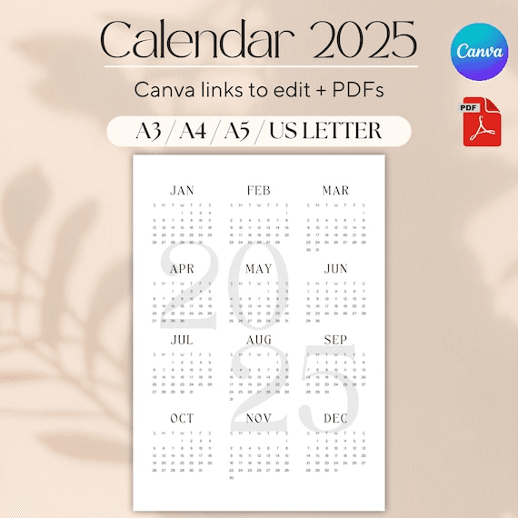 2025 Calendar Numbers - Minimalist Design - PDF Printable and Link ...