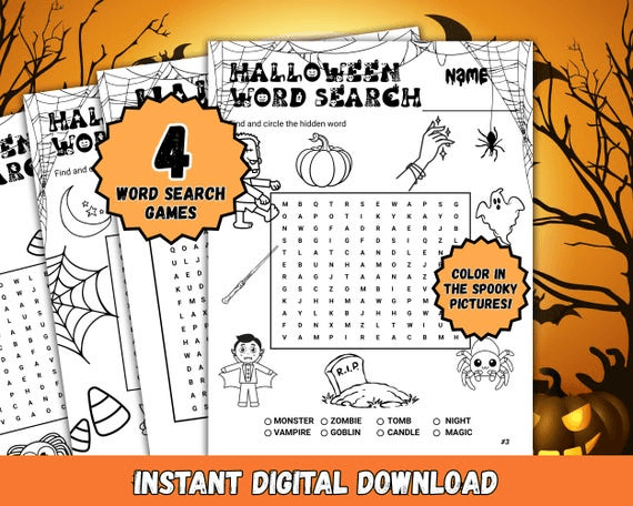 Halloween Word Search Printable for Kids, 4 Spooky Word Games + ...