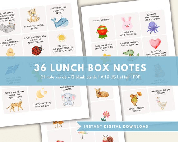 Printable LUNCH BOX Notes for Kids – 24 Ready-made Messages + 12 ...