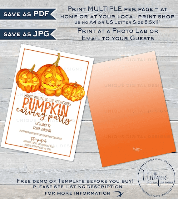 Pumpkin Carving Party Invitation, Editable Halloween Pumpkin Patch ...