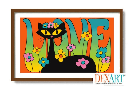 Mid Century Modern Cat Art Print, Hippie Decor, Black Cat ...