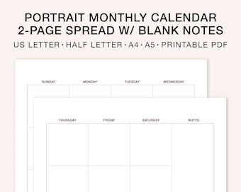 2 Page Spread Portrait Monthly Calendar With Blank Notes Section ...