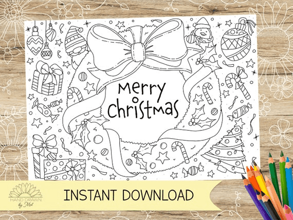 Merry Christmas Coloring Placemat: Hand-drawn PDF (A4/US Letter ...