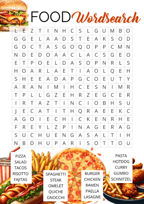 White Illustrative Food Word Search Puzzle Printable A4 Template ...