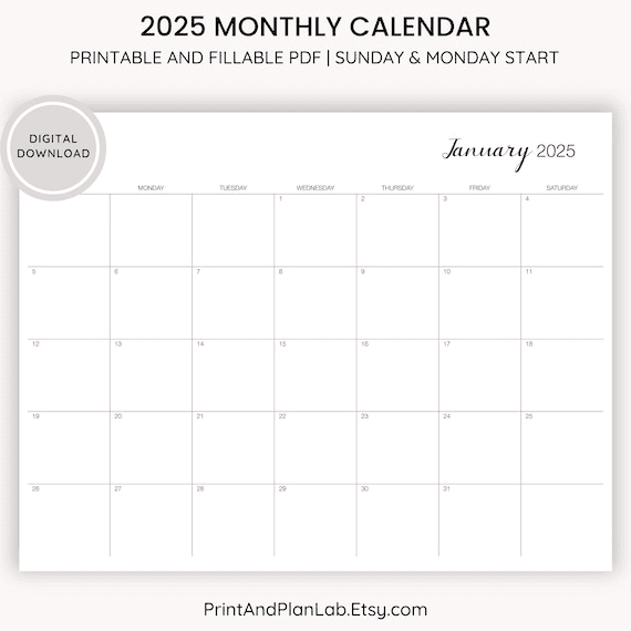 2025 Monthly Calendar Printable With Editable Fields (landscape ...